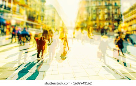 Crowd Of Anonymous People Walking On Busy City Street, Urban City Life Background