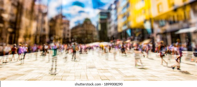 Crowd Of Anonymous People Walking On Busy City Street, Urban City Life Background