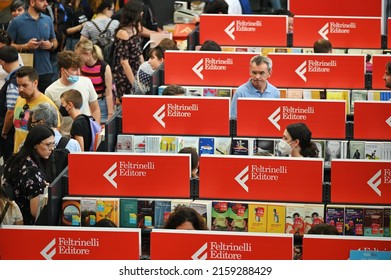 Crowd Of Audience At Feltrinelli Italian Publishing House Booth At International Book Fair Turin Italy May 22 2022 Narrow Focus Field Deliberated Motion Blur