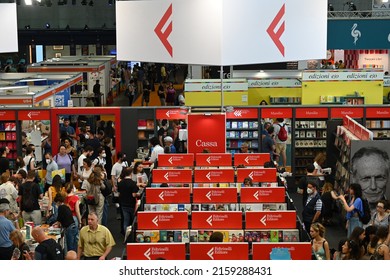 Crowd Of Audience At Feltrinelli Italian Publishing House Booth At International Book Fair Turin Italy May 22 2022 Narrow Focus Field Deliberated Motion Blur