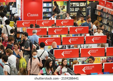 Crowd Of Audience At Feltrinelli Italian Publishing House Booth At International Book Fair Turin Italy May 22 2022 Narrow Focus Field Deliberated Motion Blur