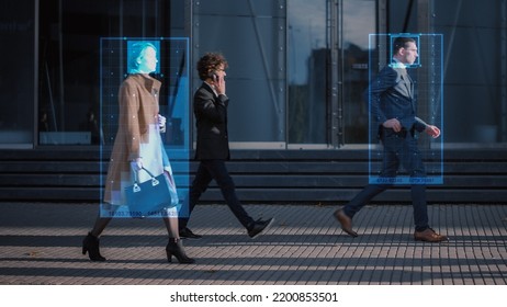 Crowd of Business People Tracked with Advanced Technology Walking on Busy Urban City Streets. CCTV AI Facial Recognition Big Data Analysis Interface Scanning, Showing Important Personal Information.