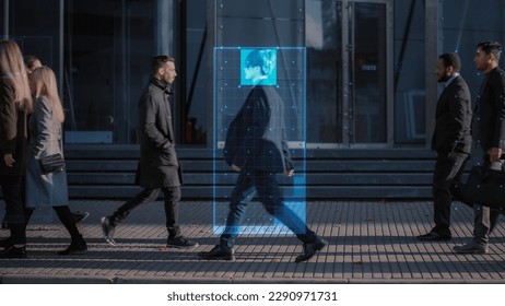 Crowd of Business People Tracked with Advanced Technology Walking on Busy Urban City Streets. CCTV AI Facial Recognition Big Data Analysis Interface Scanning, Showing Personal Information.