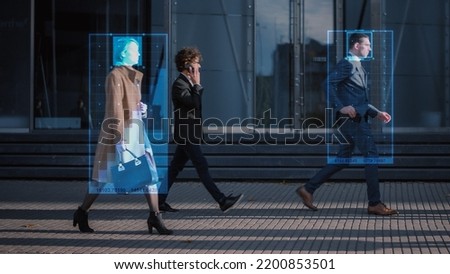 Crowd of Business People Tracked with Advanced Technology Walking on Busy Urban City Streets. CCTV AI Facial Recognition Big Data Analysis Interface Scanning, Showing Important Personal Information.