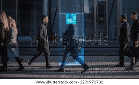 Crowd of Business People Tracked with Advanced Technology Walking on Busy Urban City Streets. CCTV AI Facial Recognition Big Data Analysis Interface Scanning, Showing Personal Information.