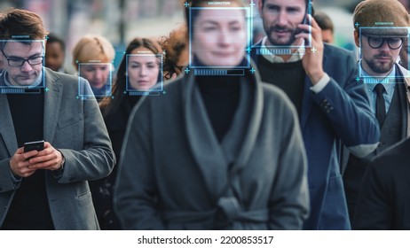Crowd of Business People Tracked with Technology Walking on Busy Urban City Streets. CCTV AI Facial Recognition Big Data Analysis Interface Scanning, Showing Personal Information. Surveillance Concept