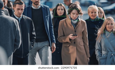 Crowd of Business People Tracked with Technology Walking on Busy Urban City Streets. CCTV AI Facial Recognition Big Data Analysis Interface Scanning, Showing Information. Surveillance Concept.