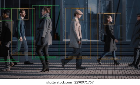 Crowd of Business People Tracked with Technology Walking on Busy Megapolis City Streets. CCTV AI Facial Recognition Big Data Analysis Interface Scanning, Showing Personal Information.