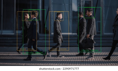 Crowd of Business People Tracked with Technology Walking on Busy Urban City Streets. CCTV AI Facial Recognition Big Data Analysis Interface Scanning, Showing Personal Information.