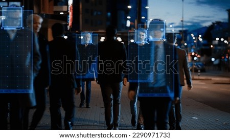 Crowd of Business People Tracked with Technology Walking on Busy Evening Urban City Street. CCTV AI Facial Recognition Big Data Analysis Interface Scanning, Showing Important Information.