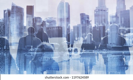 Crowd Of Business People Walking In Big City, Modern Life, Double Exposure Blue Toned Urban Background