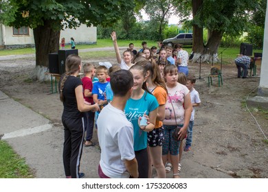 Crowd Of Children In Line,6 July 2018. Ukraine Mervichi,children Standing In Line For Lunch In The Dining Room At The Camp