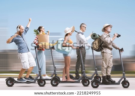 Crowd of diverse people riding electric scooters in the city street, smart mobility and traffic concept