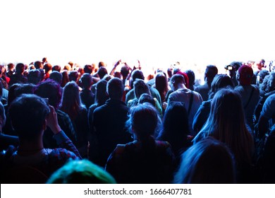 Crowd Of Fans At A Concert In Front Of The Stage, A Lot Of People Look At The Stage, Copy The Space From Above