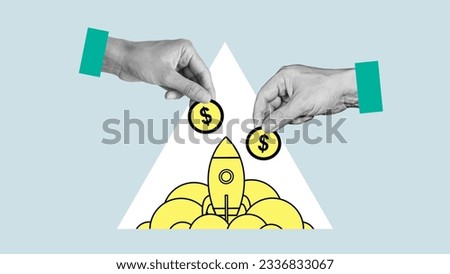 Crowd funding or Start up business grants. Crowdfunding is shown with collage of human hands with coins and rocket launch.