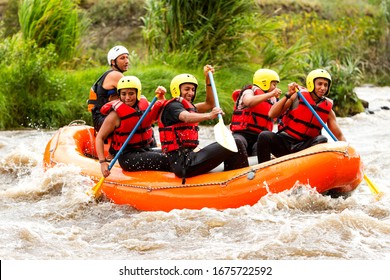 crowd of mixed pioneer human and femininity with guided by specialist pilot on whitewater creek rafting in ecuador boat sport rafting water white team spill rapid hazard summertime nature adventure wa