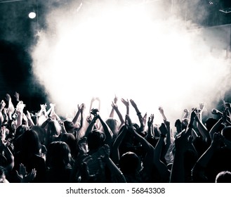 Crowd At A Music Concert, Audience Raising Hands Up, Toned