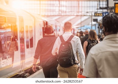A crowd of passengers walking to board a train at London Waterloo station, with warm sunlight shining on the platform