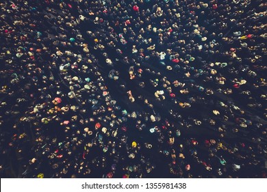 crowd people background. An aerial shot of the people gathered for an event. Crowed open-air meeting people shot from a height. A mass people gathered to celebrate an event. Open-air night festival. - Shutterstock ID 1355981438