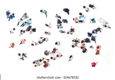 Crowd Of People Blurred On White  For Background From Top View , Bird Eye View