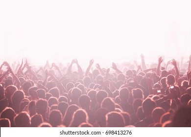 Crowd Of People At The Bright Concert Show With The Hand Raised Up, Horizontal Isolated Background