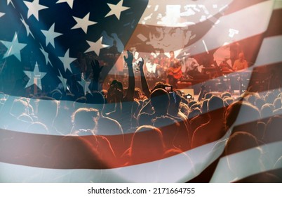 Crowd Of People Celebrating Independence Day. United States Of America USA Flag Background For 4th Of July.