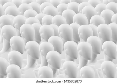 A Crowd Of People Dummies. Concept. Many Faceless Mannequins Heads. People Are Mannequins. Mannequins Without Eyes. The Concept Of Human Society.