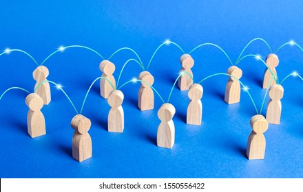 A crowd of people interconnected by communication lines. Cooperation and collaboration, spread news and gossip. Teamwork. unity of society. Marketing, dissemination of trends and information