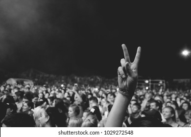crowd of people with peace sign music festival young people rock - Shutterstock ID 1029272548