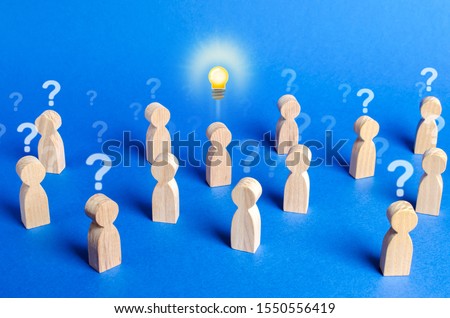 Crowd of people with question marks and a person with an idea. Dispelling all speculation doubt. Leadership and generator of new ideas. Personal opinion. Initiative, conviction of others, originality