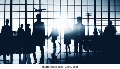 Crowd People Silhouette Busy Airport Terminal Concept