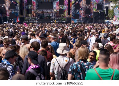 Crowd Of People At Stage At Sechseläuten Square At 29th Street Parade At City Of Zürich On A Sunny Day. Photo Taken August 13th, 2022, Zurich, Switzerland.