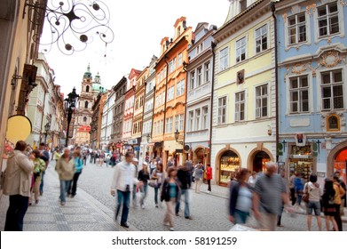 Crowd Of People In Streets Of Prague.