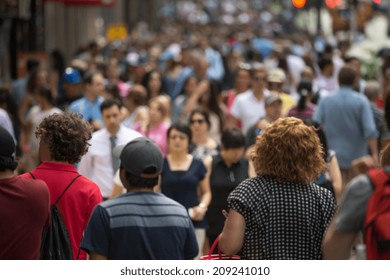 Crowd Of People Walking On Street Sidewalk In New York City