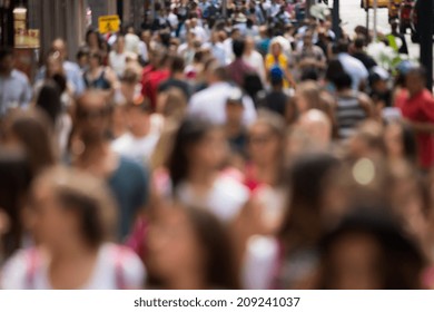 Crowd Of People Walking On Street Sidewalk In New York City