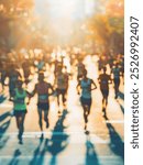 A crowd of runners blurred in motion during a marathon, with golden sunlight creating a warm, energetic atmosphere.