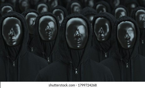 Crowd Of The Same People Wearing Black Masks Raise Heads. Totalitarity And Awareness Concepts