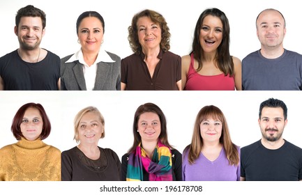 Crowd Of Ten People Collage Head Shots, All Smiling And Looking Happy With Natural Ordinary Smile On Their Face