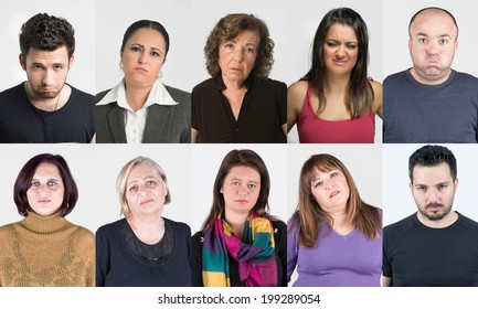 Crowd Of Ten People Collage Head Shots, All Smiling And Looking Happy With Natural Ordinary Smile On Their Face