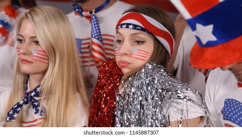 Crowd Of Unhappy People American Supporters Looking Sad About Negative Results Of Usa Baseball Team In National Sport Event