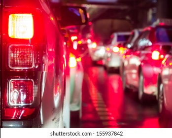 Crowded Car In The Bad Traffic Night In Bangkok