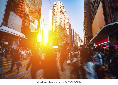 Crowded People Crossing Road In Urban City - Hong Kong 