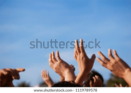Crowded people hands up at a day time concert.
