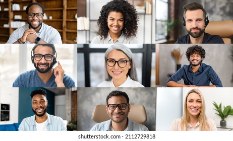 Crowded Screen With Diverse Multiracial People. International Work Team Communication On The Distance, A Lot Of Employees Involved Virtual Meeting, Brainstorm Online, Screensaver