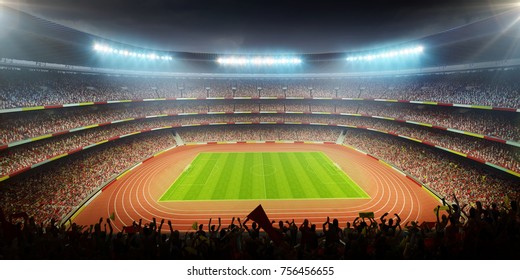 Crowded Soccer Stadium With Cheering Fans Before The Match