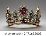 A crown made of gold adorned with diamonds, sapphires, and precious gemstones, gleaming with elegance and highlighting the beauty of the gemstone. It captivates attention with its sparkle. 