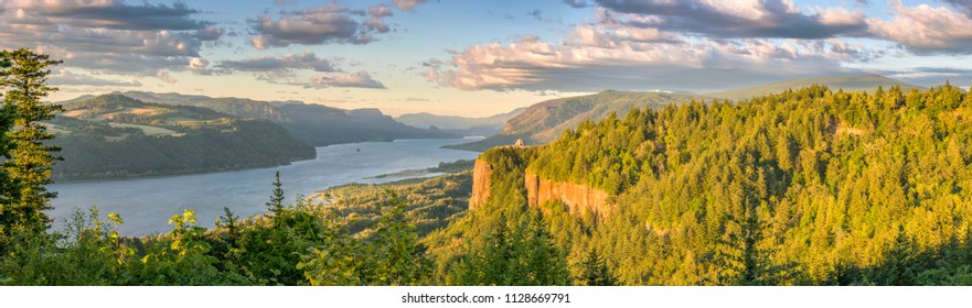 Crown Point And The Columbia River Gorge Panorama At Sunset.