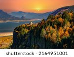 Crown point and vista house at sunrise in the Columbia River Gorge Natrional Scenic Area, Oregon