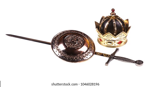 Crown, Shield And Sword White On Isolated Background