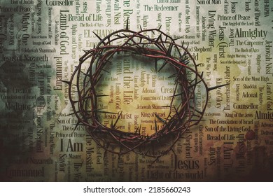 Crown of Thorns with Jesus names and atributes on a old paper on the background. 